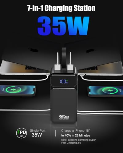 70000mAh Portable Charger, 35W Fast Charging Power Bank Built-in 3 Cables with 7 Ports, High Capacity Large External Battery Pack for iPhone,Galaxy,Steam Deck, Camping Travel Essentials