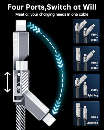[Apple MFi Certified] 4-in-1 USB C Cable 60W Lightning Cable Fast Charging - color: Grey, size: 5FT