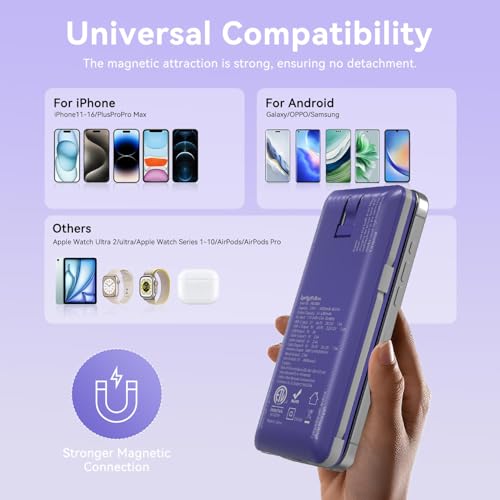 Magnetic 10000mAh Portable Charger for iWatch & iPhone, PD Fast Charging Wireless Power Bank Built-in Cables and Wall Plug, External Travel Battery Pack Compatible with iOS Android Phones - color: Dark Blue