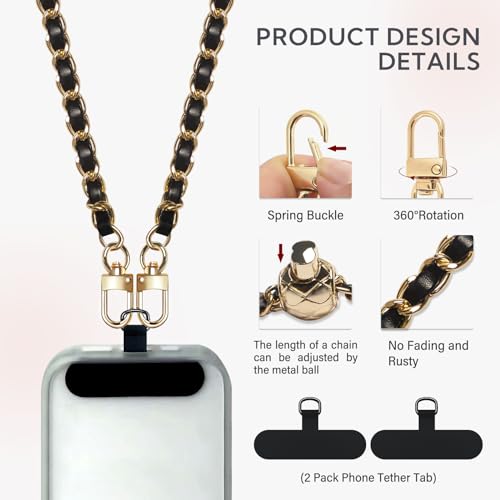 BFSDDM Crossbody Phone Strap - 2 Pads, Leather & Wrist Strap, Adjustable Finger Strap, Universal Phone Lanyard - color: Gold/Black Adjustable