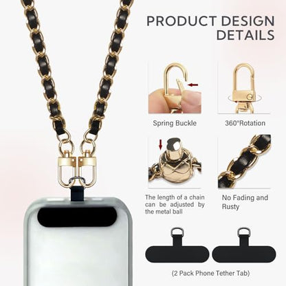 BFSDDM Crossbody Phone Strap - 2 Pads, Leather & Wrist Strap, Adjustable Finger Strap, Universal Phone Lanyard - color: Gold/Black Adjustable