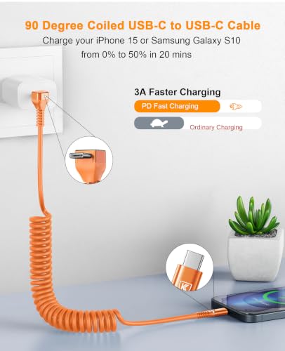 90 Degree Coiled USB C Cable [3FT/6FT], 60W USB C to C Cable Fast Charging - color: Orange, size: 3FT+6FT