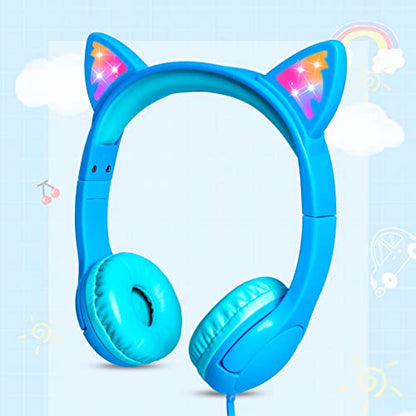 Olyre Kids Wired Headphones LED Light-Up Cat Ears Headset, Dual Audio Jack - color: Blue