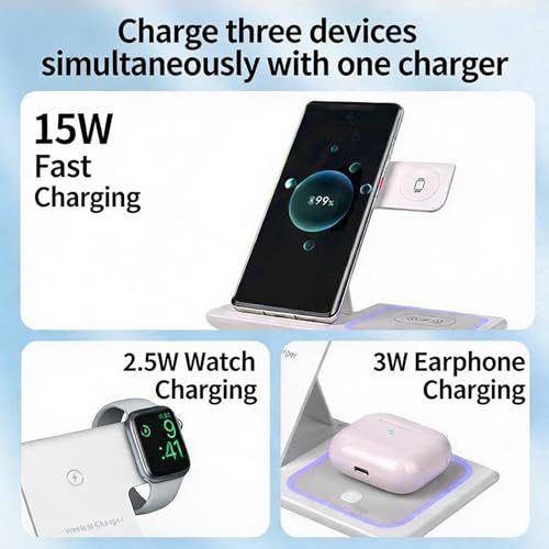 3-in-1 Foldable Wireless Charger with Night Light - 15W Fast Wireless Charger for Simultaneous Charging of Phone, Watch & Earbuds, Compatible with All Qi-Certified Devices,X455 White. - color: Multifunctional Wireless Charger X455 White