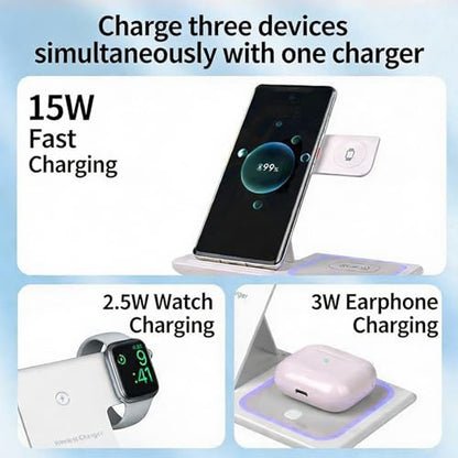 3-in-1 Foldable Wireless Charger with Night Light - 15W Fast Wireless Charger for Simultaneous Charging of Phone, Watch & Earbuds, Compatible with All Qi-Certified Devices,X455 White. - color: Multifunctional Wireless Charger X455 White