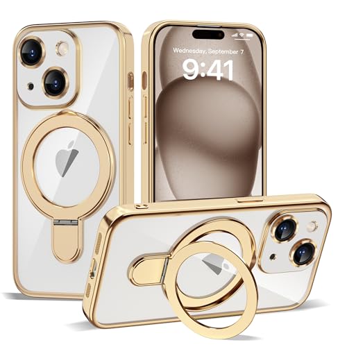 Compatible with iPhone 15 Plus Case with Invisible Magnetic Ring Stand [Compatible with Mag-Safe] [Full Camera Lens Protector] Plating Clear Phone Case for iPhone 15 Plus 6.7", Gold - color: Gold, size: Iphone 15 Plus