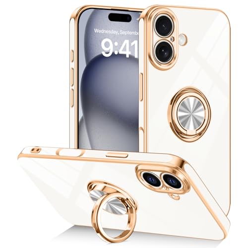 Designed for iPhone 17 Case with Ring Stand Slim White | 360° Rotatable Finger Holder, Support Magnetic Car Mount, Soft TPU Electroplated, Full Lens Protection, Shockproof Phone Case - color: White, size: 6.3'' iPhone 17