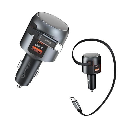 60W Retractable Car Charger, 3-Port USB-C Fast Charging Adapter - color: Black