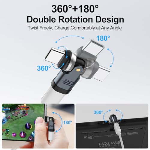 USB C 90 Degree Adapter [2-Pack], 240W PD USBC Right Angle Connector, 360° & 180° Rotatable USB C Extension Adapter for MacBook, iPad, iPhone 17/16/15, Galaxy, Tablet, Laptop