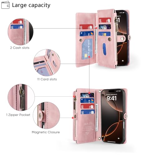for iPhone 17 Pro Wallet Case, [Compatible with Magsafe] [Magnetic Detachable] [RFID Blocking] PU Leather Case with Card Holder & Crossbody Strap for Women Men, Pink - color: Pink