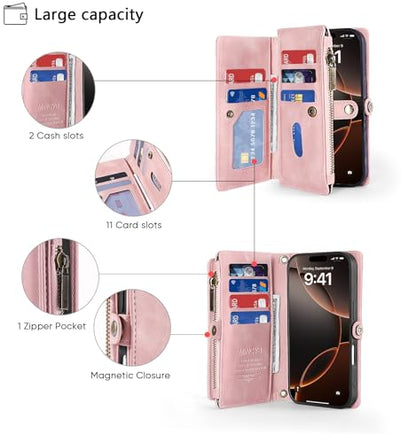 for iPhone 17 Pro Wallet Case, [Compatible with Magsafe] [Magnetic Detachable] [RFID Blocking] PU Leather Case with Card Holder & Crossbody Strap for Women Men, Pink - color: Pink