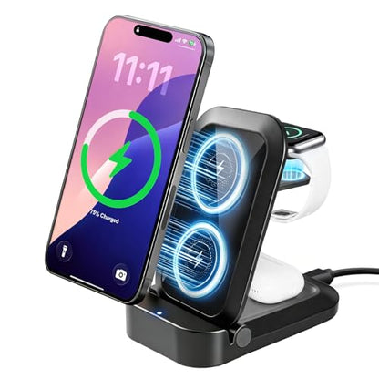 3 in 1 Wireless Charging Station for Apple - Foldable Wireless Charger Station - Travel Charger for Multiple Devices for iPhone 17 16 15 14 13 12 Pro Max Plus, Apple Watch, AirPods(Black)