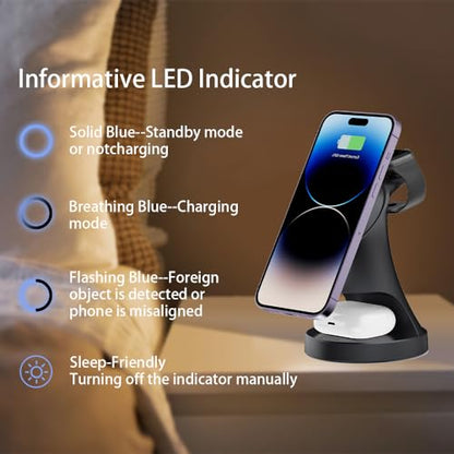Wireless Charger,3 in 1 Magnetic Wireless Charger Stand, Fast Wireless Charging Dock for iPhone17/16/15/14/13/12 Series, Apple Watch Series, AirPods Pro. - color: Black