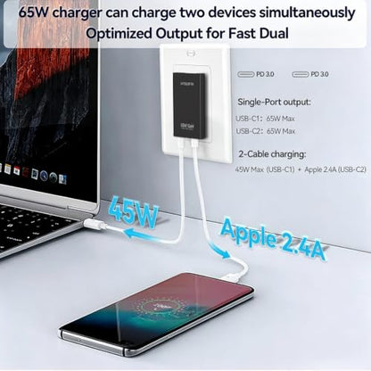 65W GaN Flat USB C Wall Charger with Folding Travel Dual USB-C Port,Fast Charging with PPS for for MacBook, iPhone 17/16/15/14/13/12/11/Pro Max/XS/XR,Galaxy S24/S23/Note20, Pixel 9/8,Black