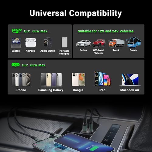 CMARS 65W+60W Cigarette Lighter Adapter,for iPhone 16 car Charger USB C/A,Fast Charging for iPhone,Car Phone Charger Dual Port for iPhone 16/15/14/13/12 Series and Samsung/Other Android Devices Black
