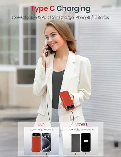 aonidi Portable Charger 12000mAh with Built-in Cables&AC Wall Plug, Red - color: Red