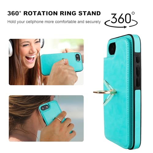 ONETOP for iPhone 17e/16e Wallet Case with Credit Card Holder,LightBlue | 360° Rotation Ring Kickstand,Finger Grip,Double Magnetic Clasp,RFID Blocking PU Leather Shockproof Cover for Women Men - color: Light Blue