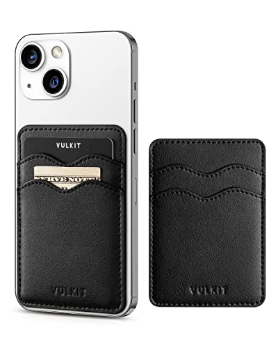 VULKIT Stick on Card Holder Compatible for iphone Leather Cell Phone Wallet Credit Card Case Strong Sticker for Women - color: Black