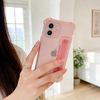 Compatible for iPhone 12 Case with Strap Holder Stand - Pink | Wristband Kickstand, Clear Soft TPU, Adjustable Finger Hand Grip Loop, Shockproof Bumper Rugged Cover - color: Chalk Pink, size: iPhone 12 6.1"