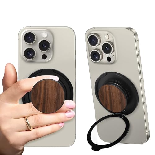 Cell Phone Grip for with Kickstand, Secure Hold for iPhone Cases, Adjustable Foldable Desktop Phone Holder Cradle Dock Compatible (Walnut Wood) - color: Walnut Wood