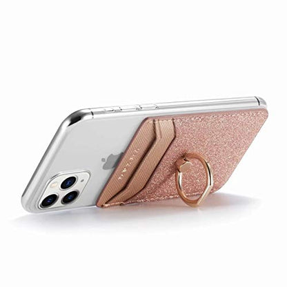 Card Holder Sleeve with Kickstand Ring for Women, 2 Pieces RFID Credit Wallet Glitter Stick On Back Grip for iPhone Samsung Smartphone - Pink + Gold - color: Pink + Gold