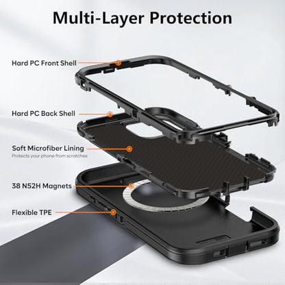 TUTUKII Magnetic for iPhone 16 Pro Case with Belt Clip Holste (Black) | MagSafe Compatible, Heavy-Duty Military-Grade Drop Protection, 3-Layer Rugged Shockproof Protective Cover 6.3-Inch - size: iPhone 16 Pro 6.3"