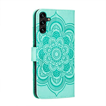 EYZUTAK Case for Samsung Galaxy A15 4G/5G, Premium Leather Magnetic Closure Flip Wallet Phone Case with Card Holder Cash Slot Stand Function Embossed Mandala Flower Shockproof Lanyard Cover - Green - color: Green, size: Samsung Galaxy A15 4G/5G
