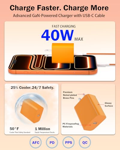 [Apple MFi Certified] 40W GaN III USB C Charger with 10FT Cable for iPhone - color: Orange