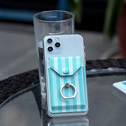 Self Adhesive Phone Card Wallet with Ring Stand Flip Cover, Green Striped - color: Green Striped