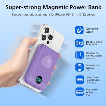 GKUTW Magnetic Portable Charger for iPhone and Apple Watch, 10800mAh 25W PD Fast Charging Power Bank, Dual-Side Magnet Design Travel Essentials Battery Pack for iPhone 17/16/15/14/13/12 (Purple) - color: Purple