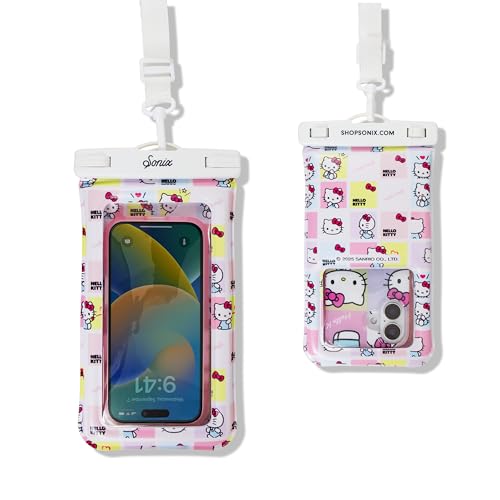 Sonix x Sanrio Waterproof Phone Pouch - Floating Phone Case Dry Bag w/Crossbody Lanyard - Beach Cruise Travel Essentials - Compatible w/All Devices, Touchscreen Friendly | Hello Kitty Grid - color: Hello Kitty Grid