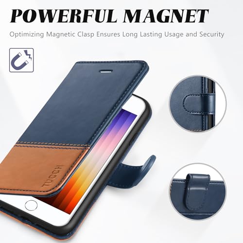 TUCCH Wallet Case for iPhone SE 2022/SE 2020/iPhone 8/7, Blue & Brown | 3 Card Holders, Kickstand, PU Leather, Shockproof TPU Shell, Magnetic Closure, Protective Folio Cover - color: Dark Blue & Brown