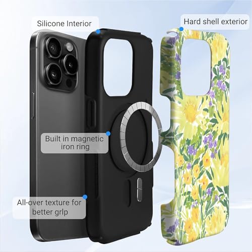 Case for iPhone 15 Pro Max | Anti-Slip Side Handle| Bold Protective Design | Compatible with MagSafe | Bright Yellow Wildflowers | - color: Bright Yellow Wildflowers, size: iPhone 15 Pro Max