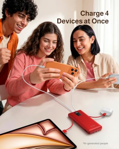 charmast 10000mAh Portable Charger with Built-in Cables and AC Wall Plug - color: Red