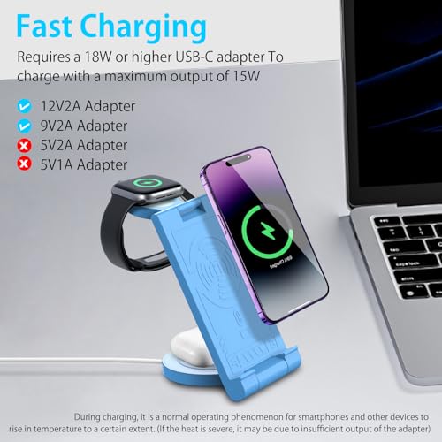 2024 Upgrated Wireless Charger: 3 in 1 Charger Stand Multiple Devices for Apple - iPhone 16 15 14 Pro Max 13 12 11 - Watch 10 9 8 7 6 5 4 3 2 SE and Ultra Series - Airpods 4 3 2 Pro - color: Blue