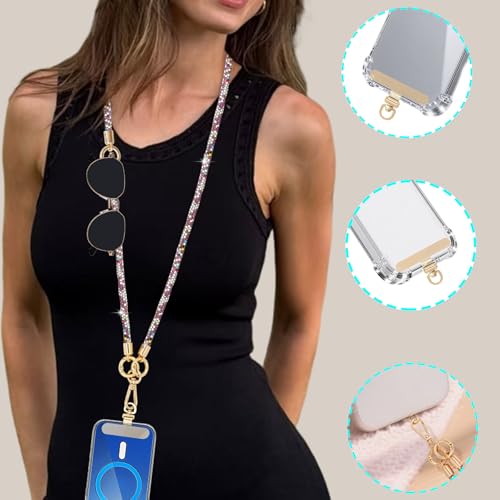 Crystal Phone Lanyard Crossbody and Wrist Strap Lanyard Rhinestone Anti-Theft Phone Strap Phone Neck Strap for Women - color: White+purple