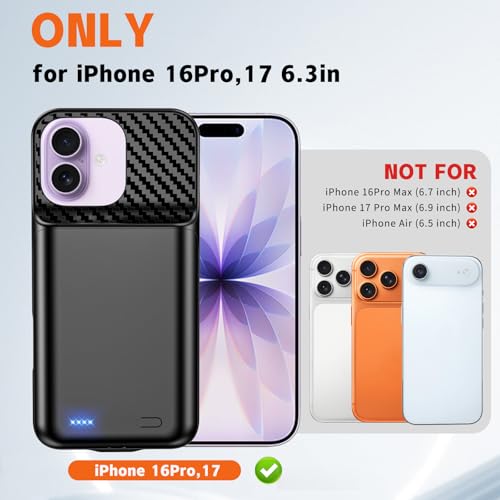 13800mAh High Capacity Battery Case for iPhone 16 Pro,17 (6.3 inch) | 2026 Upgraded Battery Pack Rechargeable Charger External Charging Case with Tempered Glass Screen Protector Black - size: iPhone 16 Pro,17 (6.3 inch)