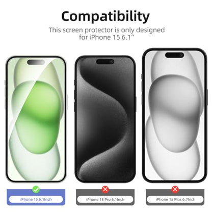 NEW'C 4 Pack, 2 Pack for iPhone 15 Screen Protector (6.1 inch) + 2 Pack Camera Lens Protector, Sensor Protection,Case Friendly Tempered Glass Film - size: 15 6.1 inches