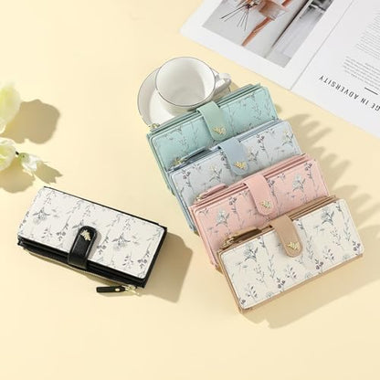 GAEKEAO Womens Wallet RFID Blocking Trifold Large Capacity Ladies Vegan Leather Wallet Floral Multi Card Holder Organizer - color: Y05-Pink
