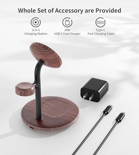 3 in 1 Magnetic Wireless Charging Station for Apple Devices,15W for Magsafe - color: Brown Woodgrain