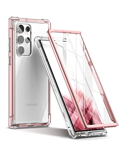 SURITCH for Samsung Galaxy S22 Ultra Clear Case 6.8" (Only), [Built-in Screen Protector] Full Body Protective Hard Shell+Soft TPU Phone Case for Samsung S22 Ultra -(Rose Gold Edge) - color: Rose Gold Edge