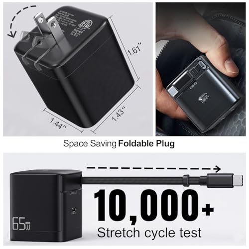65W GaN Retractable USB-C Charger Wall Charger