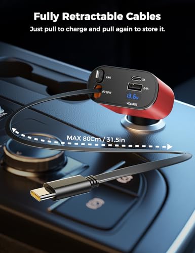 [Upgraded] SUPERONE Retractable Car Charger 4 in 1 Fast Car Phone Charger - color: Red