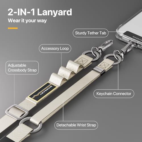 MAGEASY 2-IN-1 Cellphone Lanyard Crossbody + Wrist Strap + Phone Tether & Attachment Clips, Compatible with iPhone 16 17 Google Pixel | Clip and Go Security Strap Neck Phone Leash (Starlight) - color: Starlight