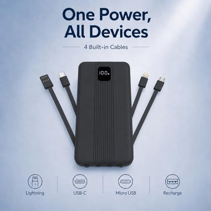 10000mAh Portable Charger with 4 Built-in Cables, 22.5W Fast Charging Power Bank, LED Display, Slim Travel Battery Pack for iPhone 17/16/15/14, Samsung Galaxy, iPad & More - color: Black
