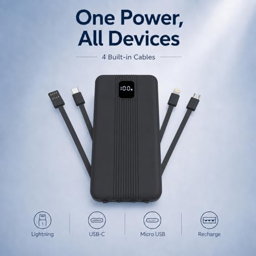 10000mAh Portable Charger with 4 Built-in Cables, 22.5W Fast Charging Power Bank, LED Display, Slim Travel Battery Pack for iPhone 17/16/15/14, Samsung Galaxy, iPad & More - color: Black
