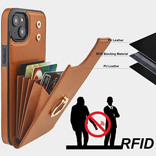 Folosu Compatible with iPhone 14 Plus Case Wallet with Card Holder, 360°Rotation Finger Ring Holder Kickstand, RFID Blocking Leather Protective Double Buttons Shockproof Cover 6.7 Inch Brown - color: Brown, size: iPhone 14 Plus