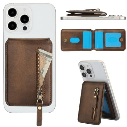 HAII for MagSafe Card Wallet Bag compatible with MagSafe Invisible Ultra-Thin Lightweight Kickstand Magnetic Mobile Wallet Man Woman, 4 Card Slots + 1 Zipper Cash Bag. (Brown, Zipper) - color: Brown, size: 4 Card Slots + 1 Zipper Cash Bag - Zipper