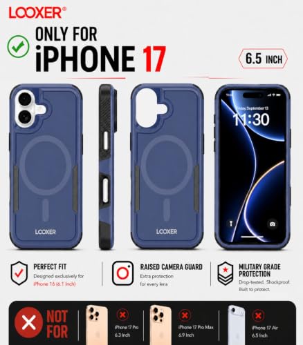 LOOXER® Heavy Duty Rugged Magnetic Case for iPhone 17 (6.3”) | Military Grade Shockproof Protection,MagSafe Compatible+ Tempered Glass Included (Blue, 17) - color: Blue, size: 17