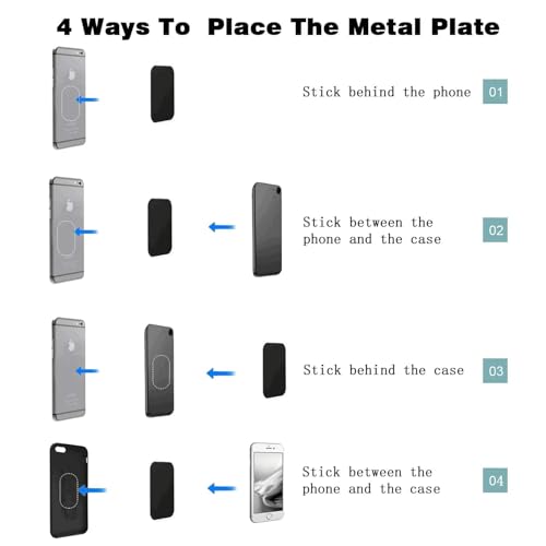 Adhesive Thin Metal Plates(Compatible with Magnetic Mounts),4 Piece Metal Plates for Phone Case(2 Rectangle and 2 Round) S-07N(Black)